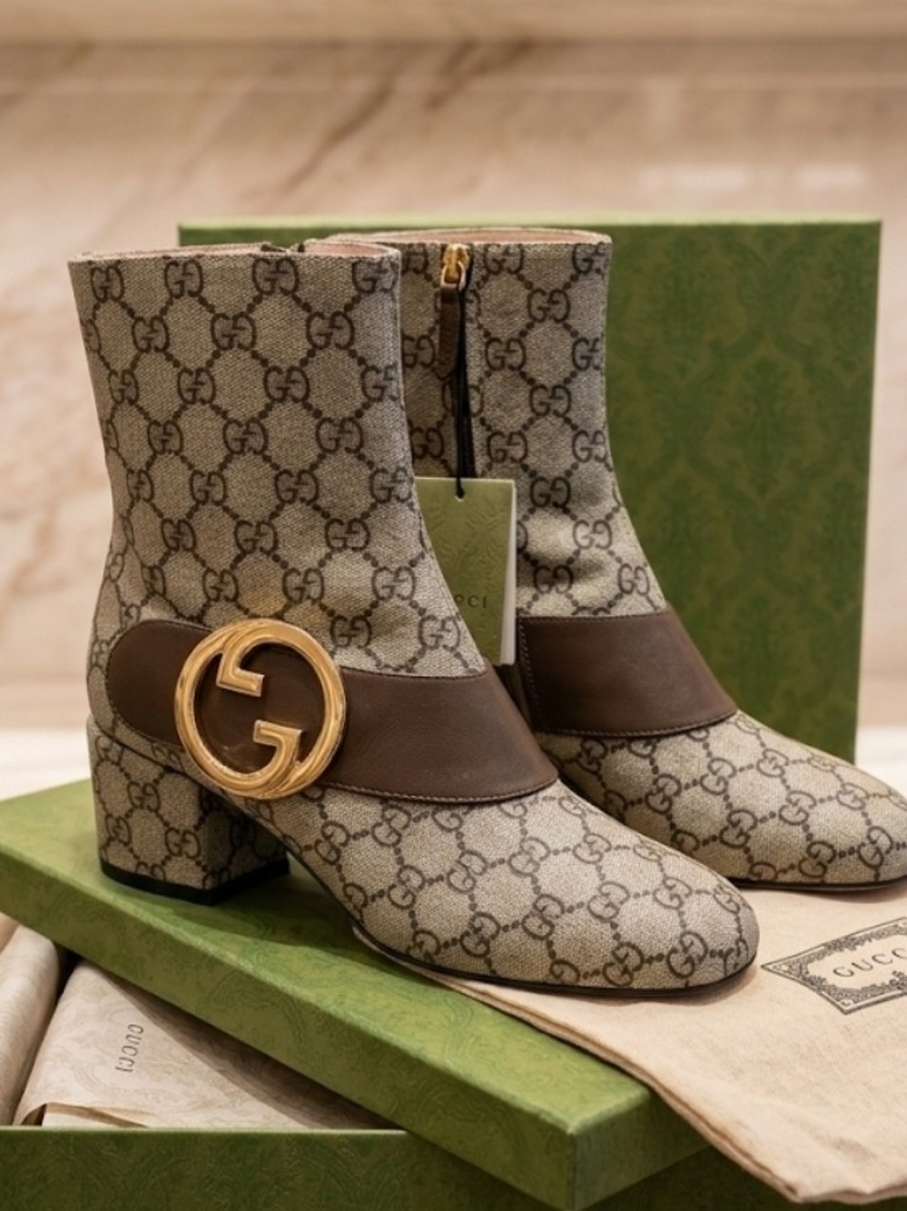Gucci Beige Brown GG Canvas Mid Heel Ankle Boots with Gold Logo
